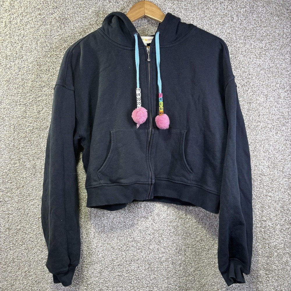 Teddy Fresh Hoodie Womens 2XL Black Full Zip Cropped Pom Pom Fleece Sweatshirt‎